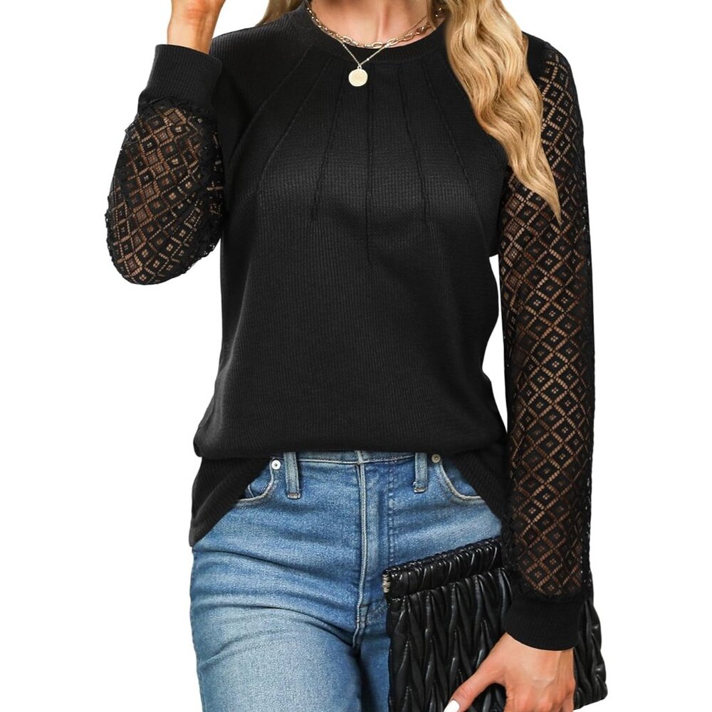 Women's Waffle Knit Tops Dressy Business Casual Blouses Lace Long Sleeve Black